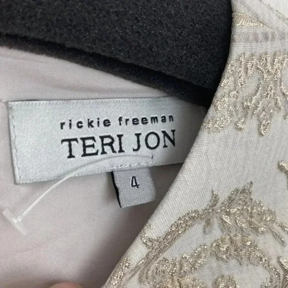 Teri Jon Rickie Freeman Midi Dress 4 Metallic Embroidered Puff Sleeve Event Gala